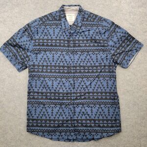 Alpha Beta Shirt Mens Medium Blue Tribal Cotton Button Front Short Sleeve Casual
